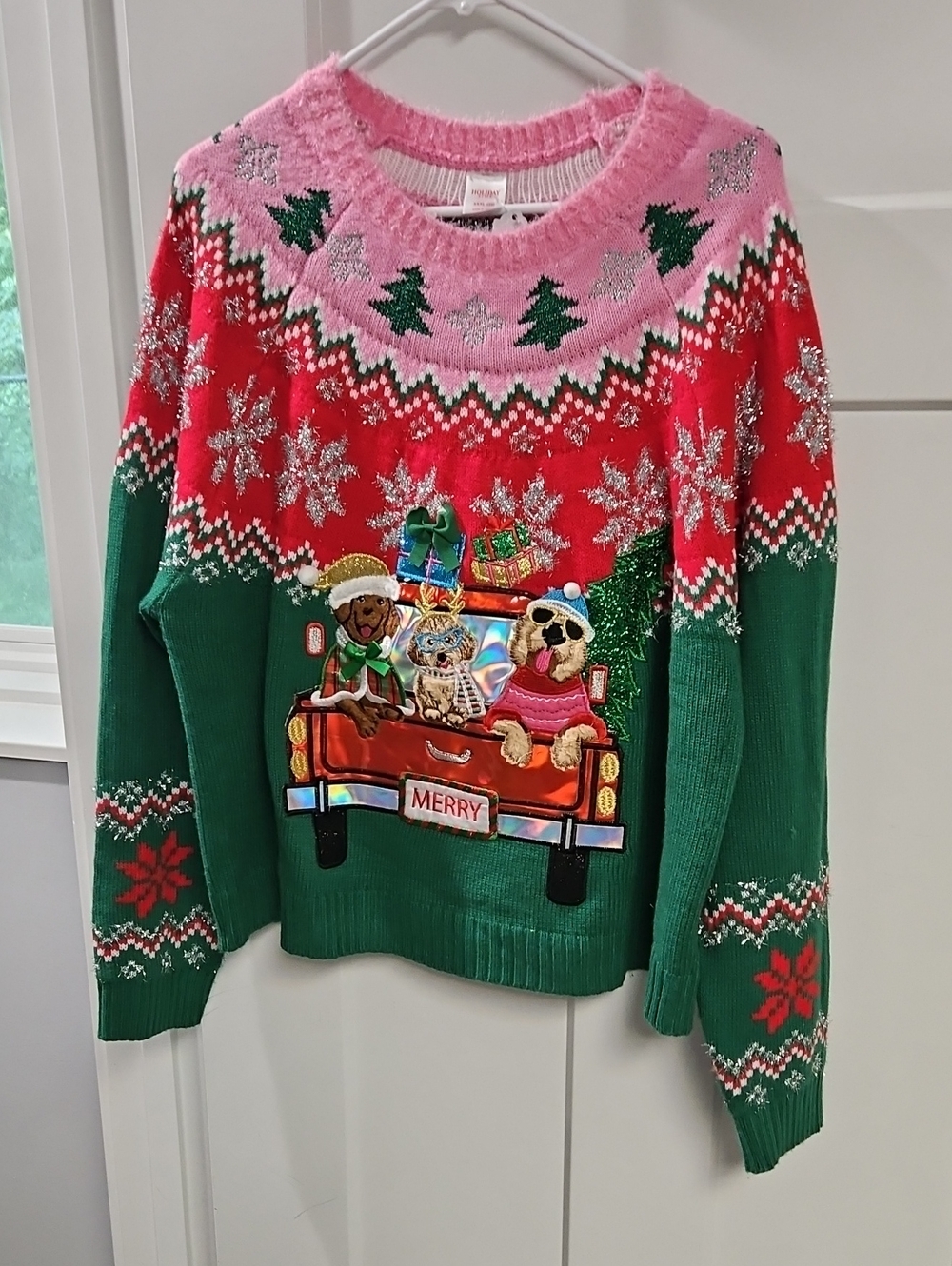 Holiday Time Green, Pink and Red Crewneck Sweater with Festive Dog Truck